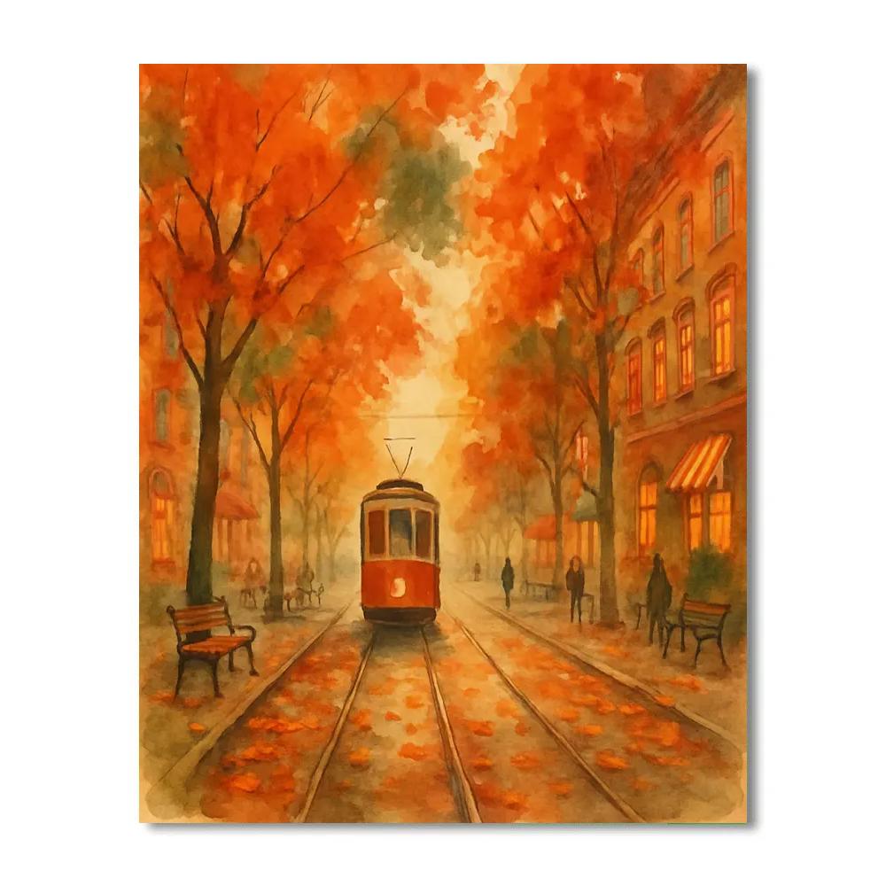 Autumn Streetcar Through Leafy Boulevard Number painting