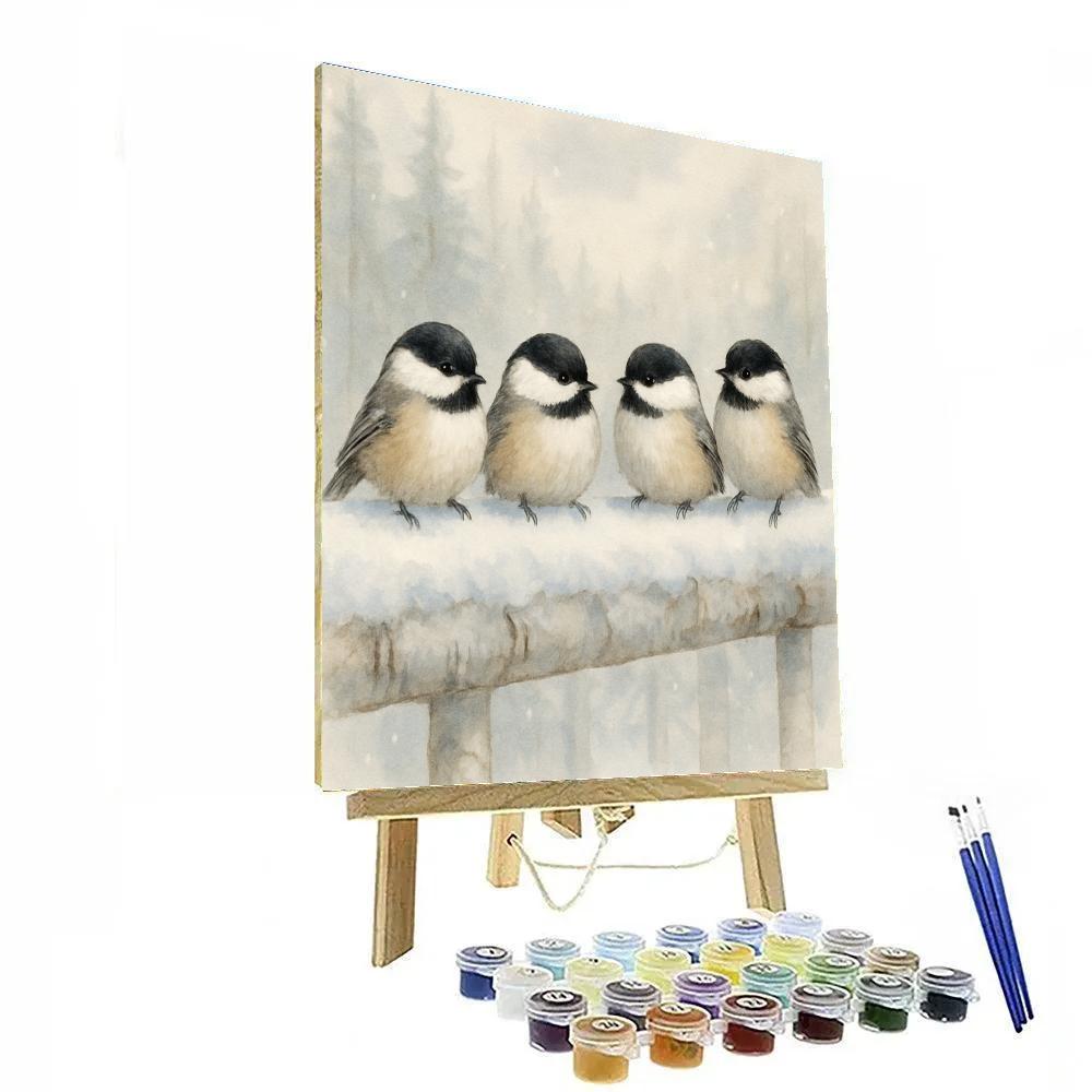 Snowlight Chickadees On The Birch Rail paint by numbers
