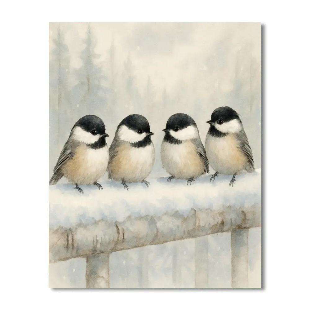 Snowlight Chickadees On The Birch Rail paint by numbers