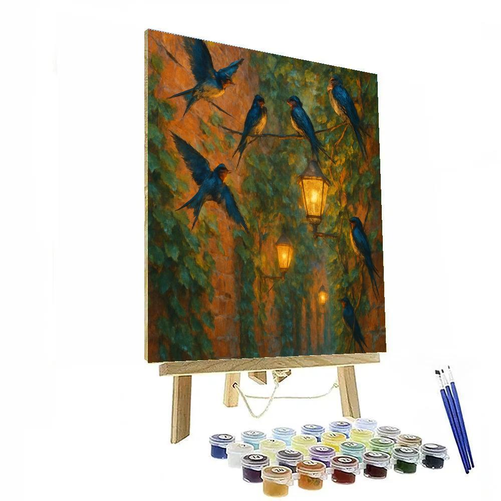 Lantern Light Swallows In The Garden Alley paint by numbers