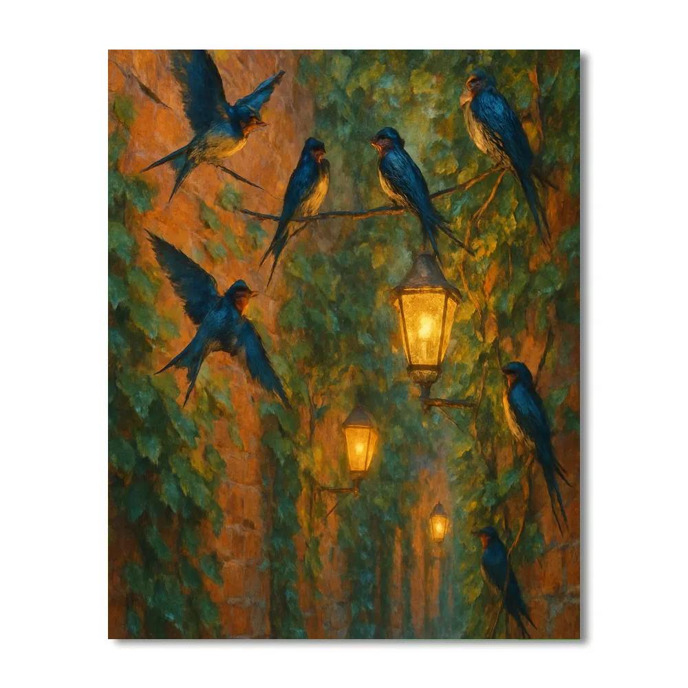 Lantern Light Swallows In The Garden Alley paint by numbers