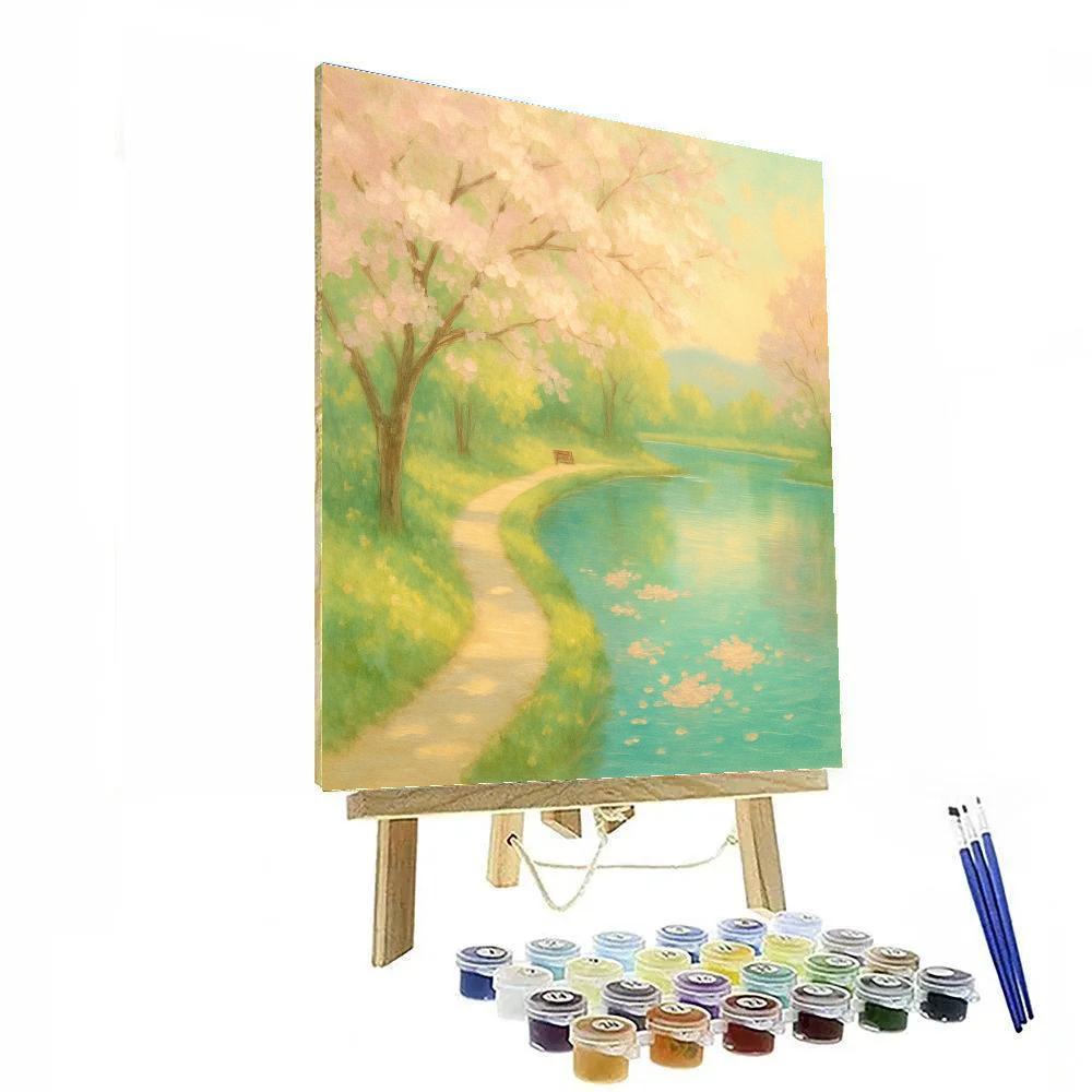 Spring Blossoms By The Lakeside Path Numbered painting kits