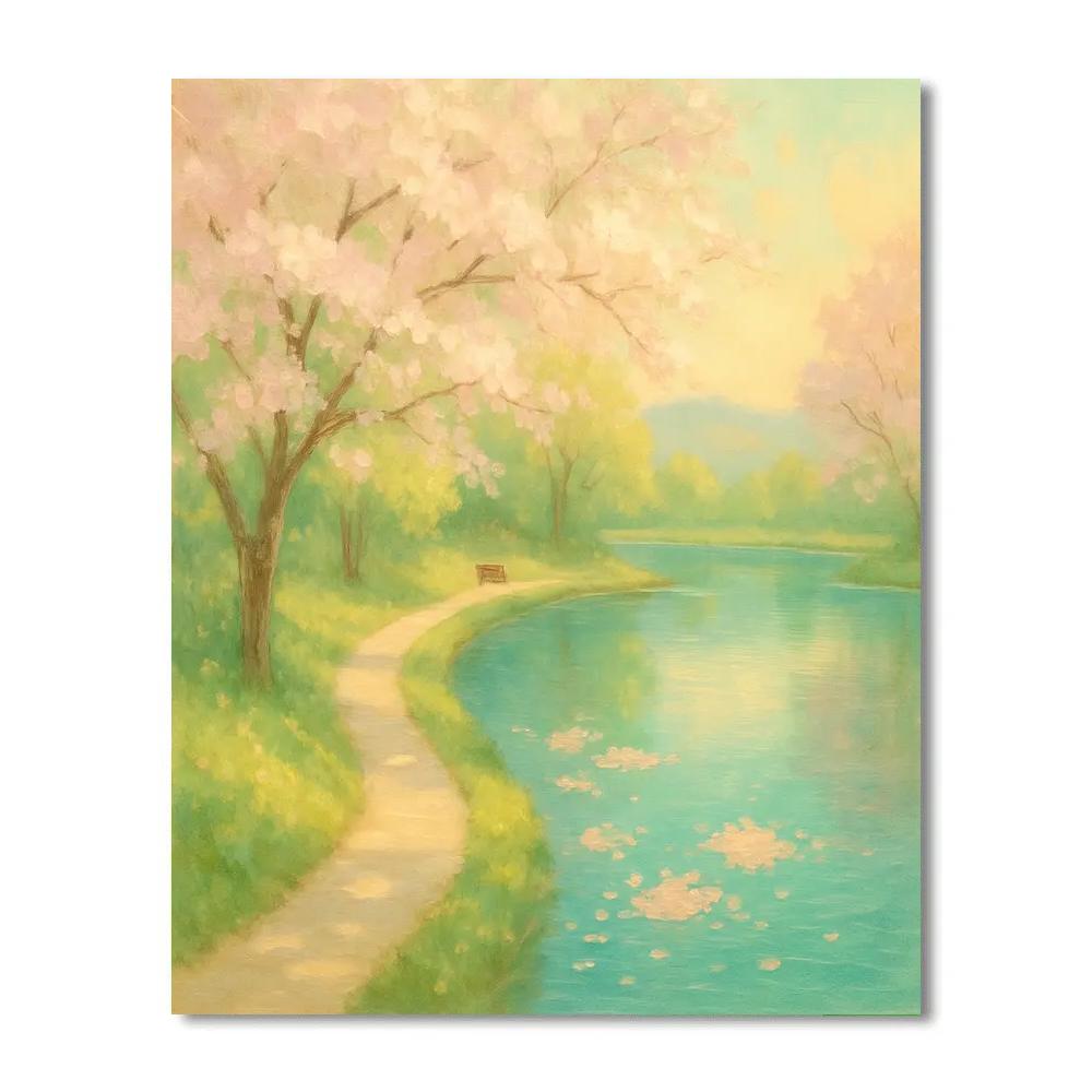 Spring Blossoms By The Lakeside Path Numbered painting kits