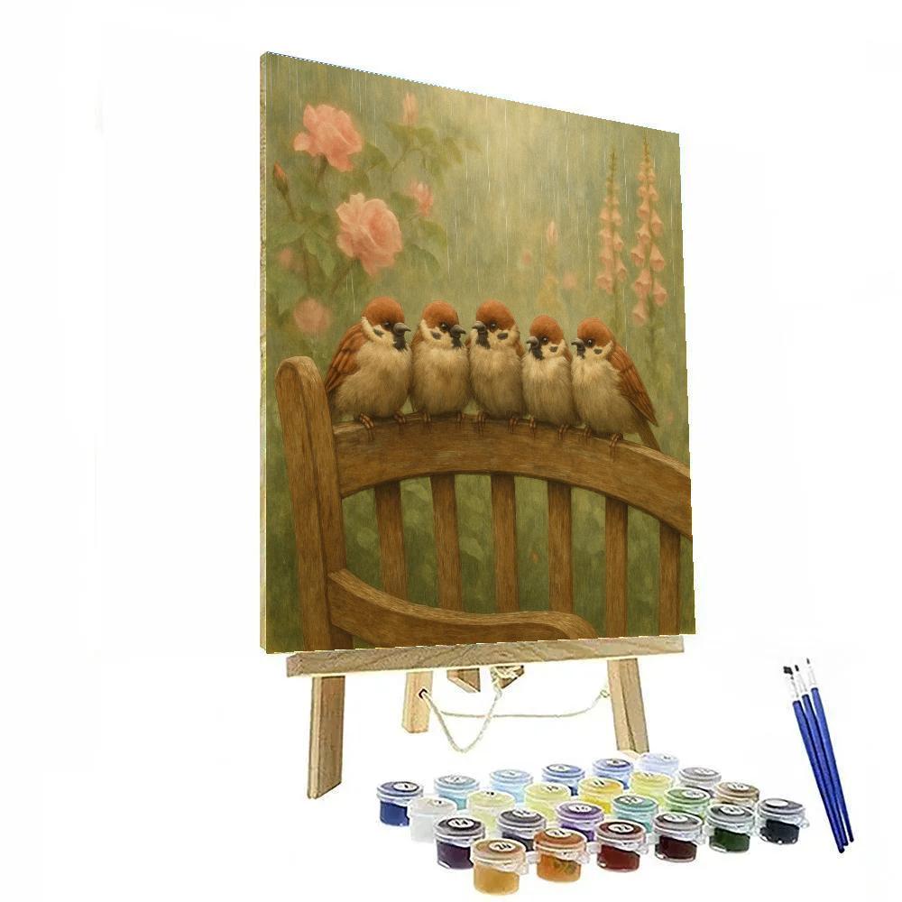 Garden Bench Sparrows In Gentle Rain paint by color