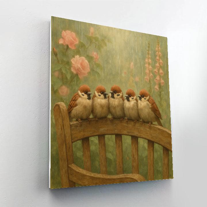 Garden Bench Sparrows In Gentle Rain paint by color