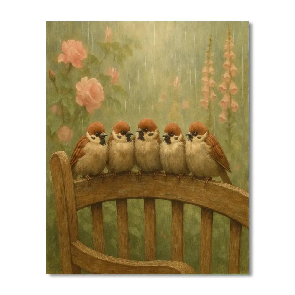 Garden Bench Sparrows In Gentle Rain paint by color