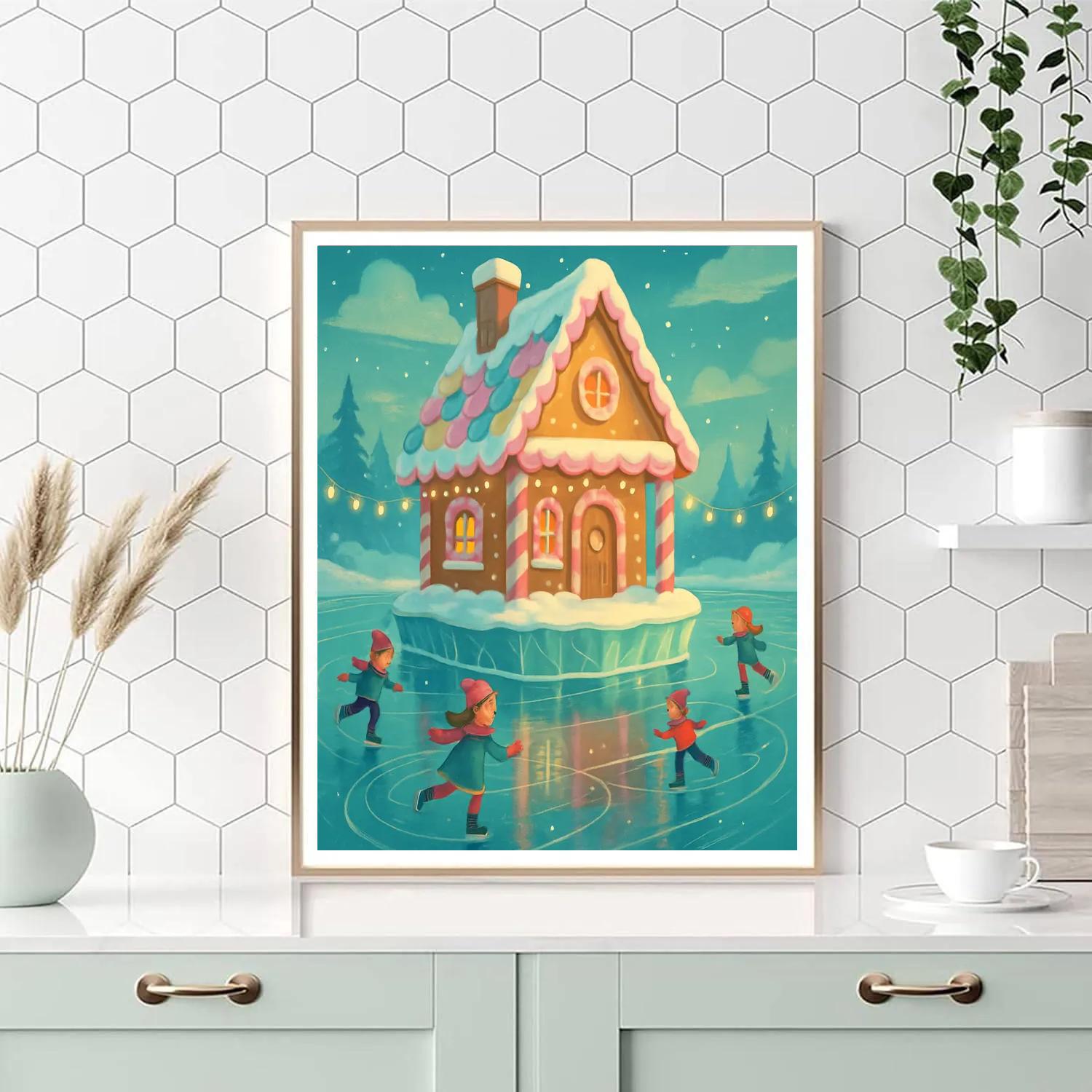 Gingerbread Cottage On The Frozen Lake DIY paint by numbers