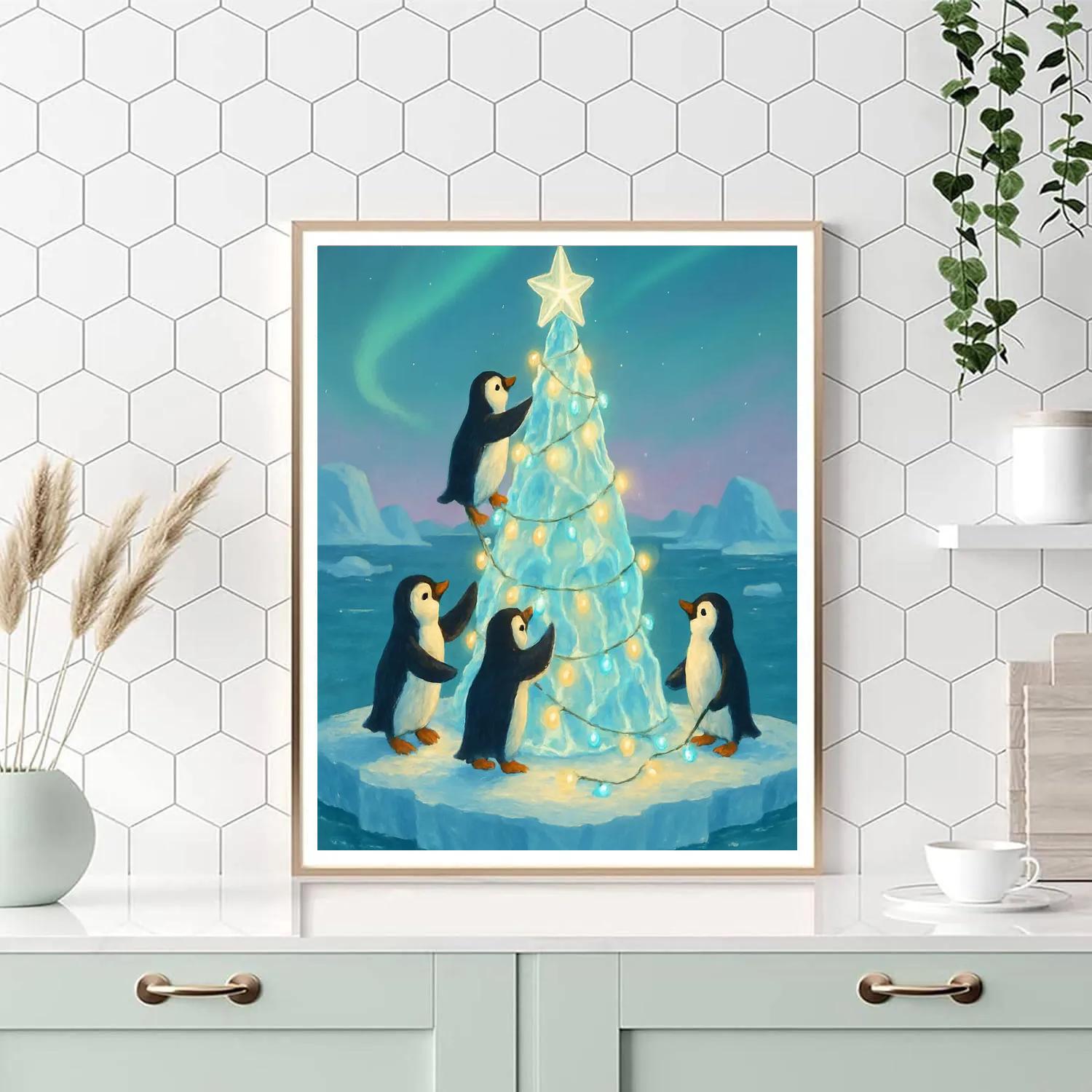 Penguins Decorating The Iceberg Tree paint by number