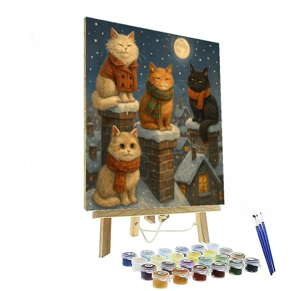 Christmas Cats On The Rooftop Chimneys Paint by numbers art