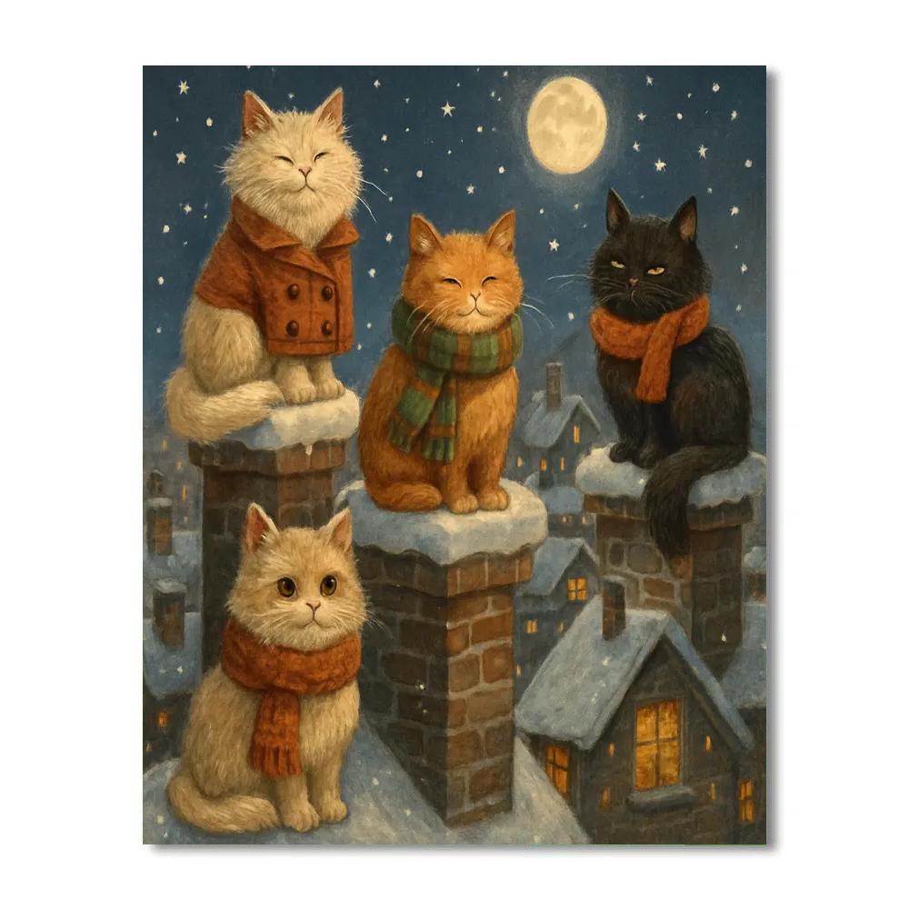 Christmas Cats On The Rooftop Chimneys Paint by numbers art