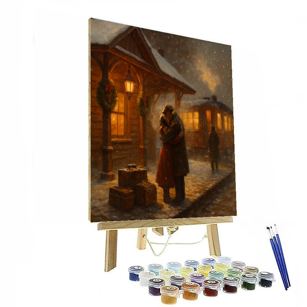 Snowy Train Station Christmas Reunion painting number kit