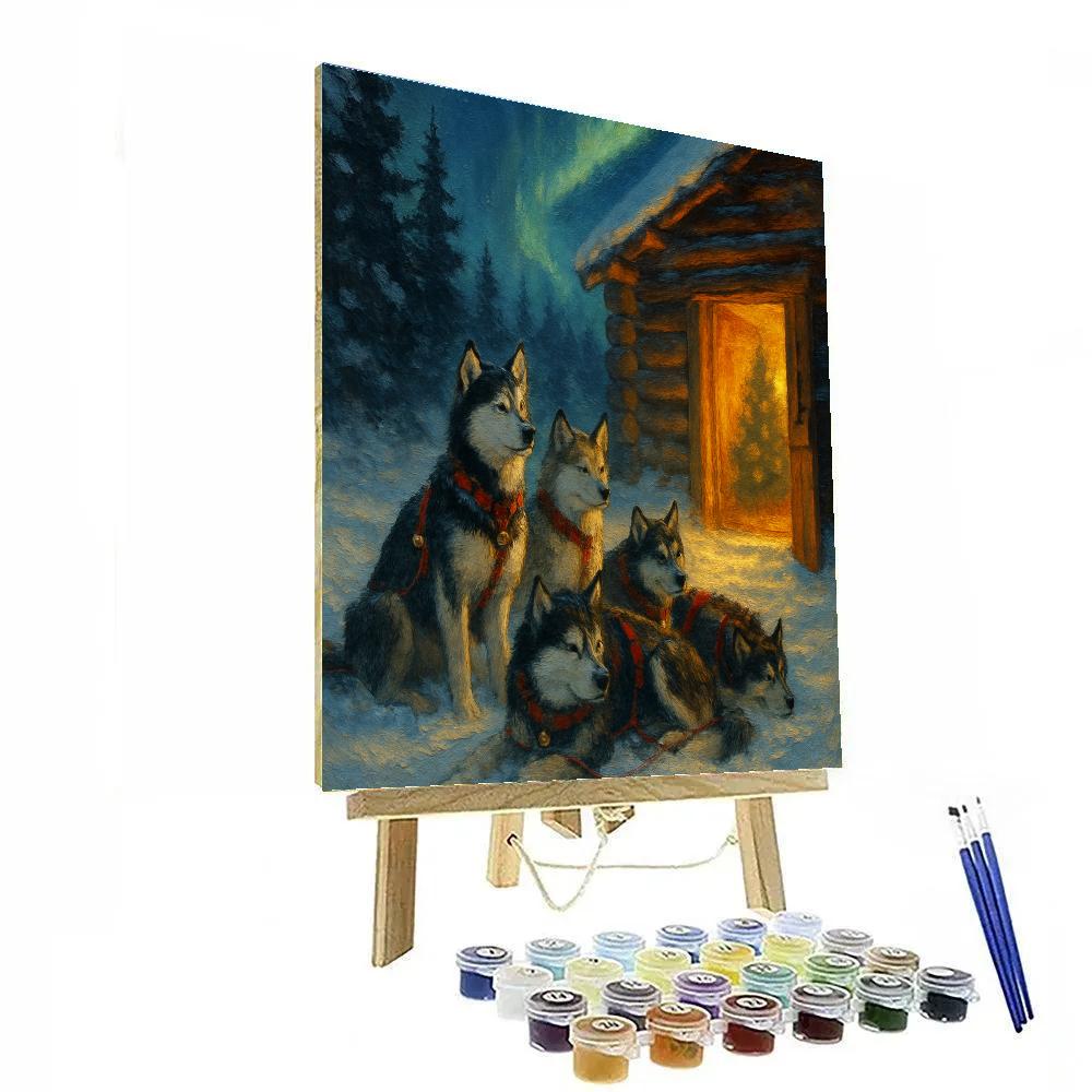 Christmas Sled Dogs At The Cabin Door paint by numbers