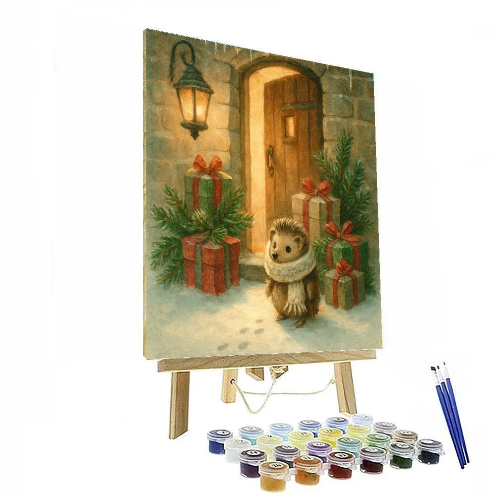 Snowy Hedgehog At The Christmas Doorstep Paint by numbers art