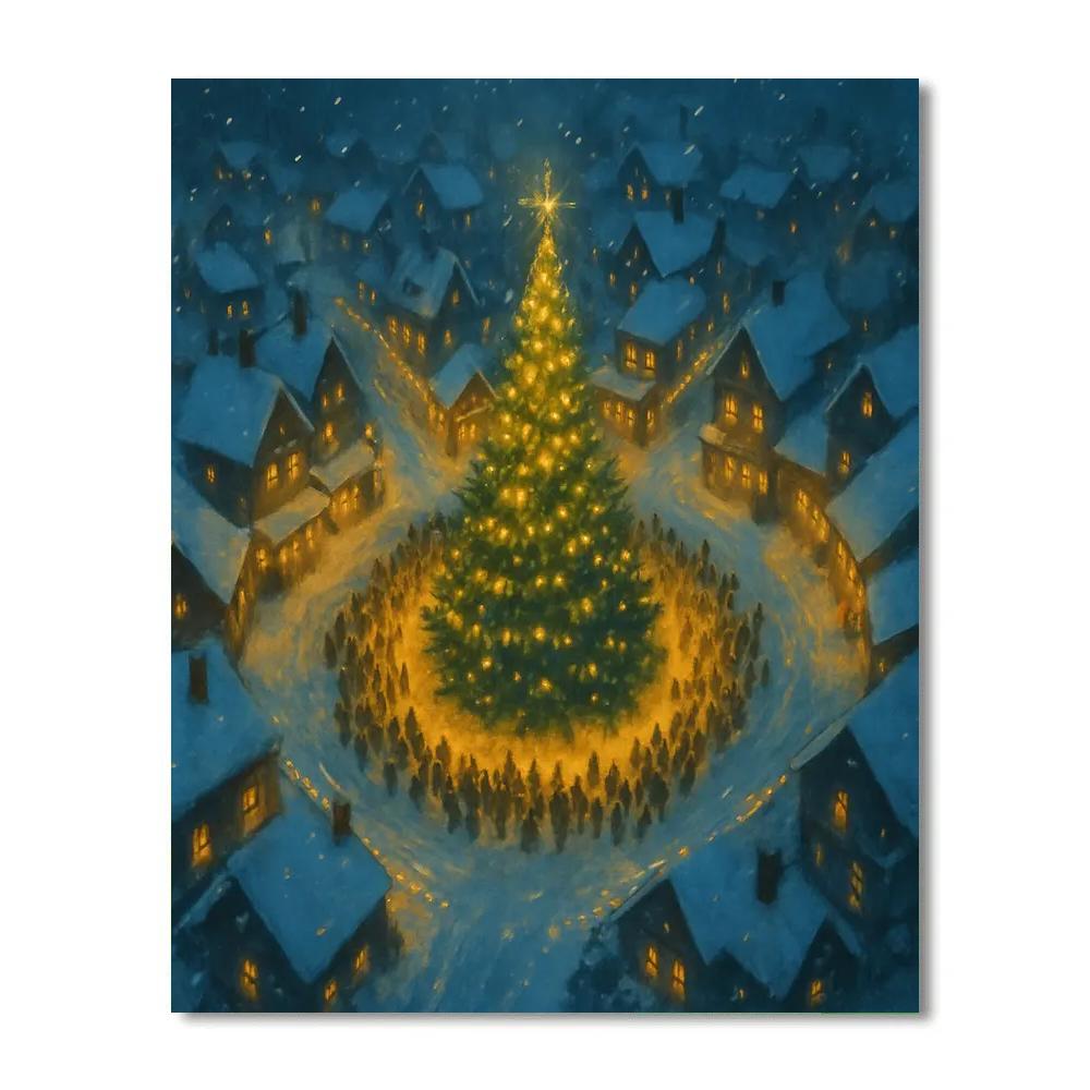 Snowy Village Tree Lighting From Above Numbered painting kits