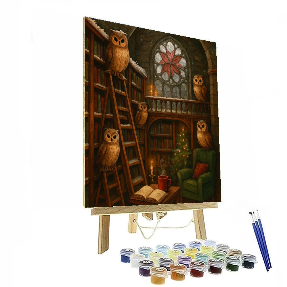 Holiday Owls In The Frosted Library Paint by numbers art