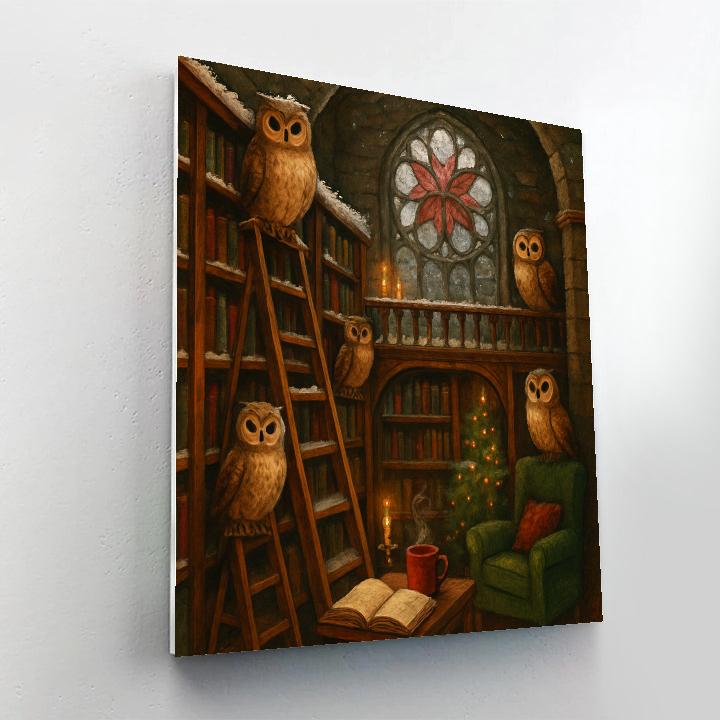 Holiday Owls In The Frosted Library Paint by numbers art