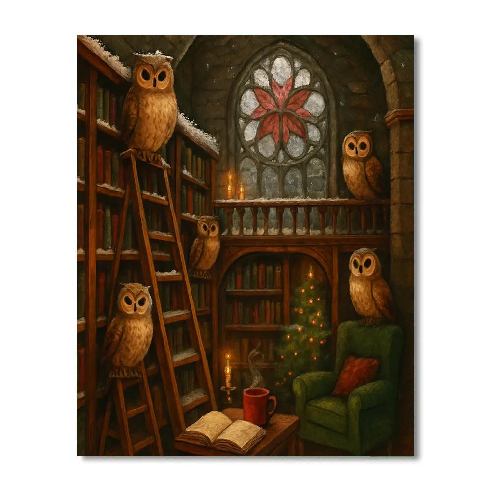 Holiday Owls In The Frosted Library Paint by numbers art