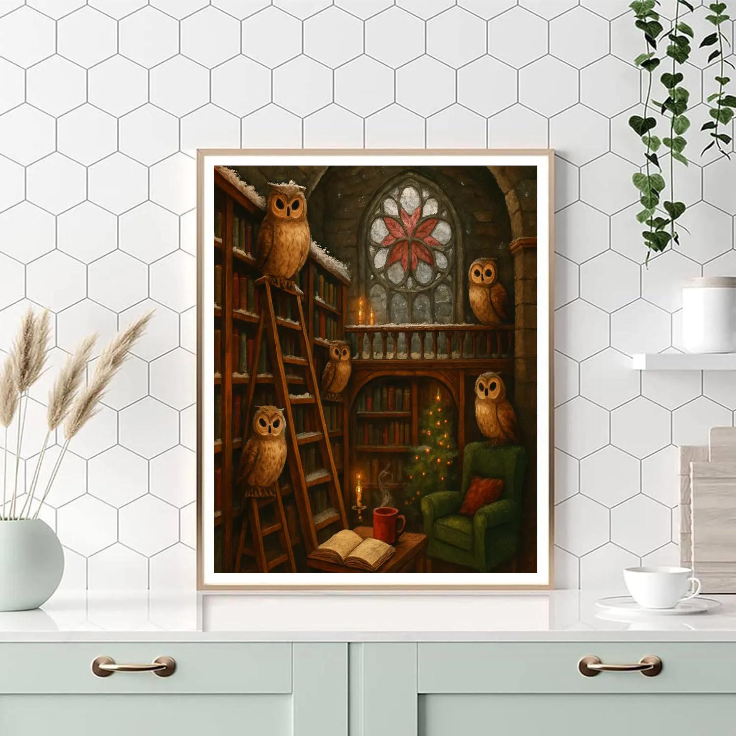 Holiday Owls In The Frosted Library Paint by numbers art