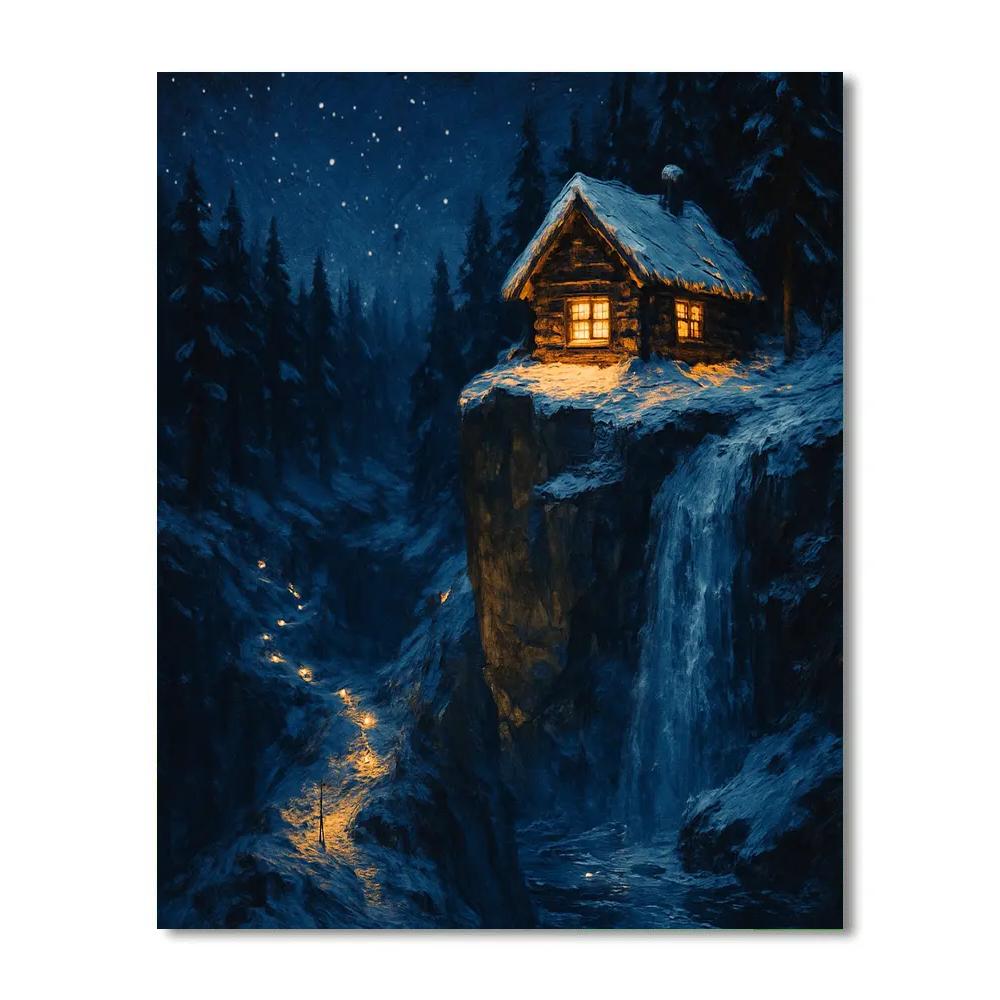 Christmas Cabin On The Cliffside Ledge painting number kit