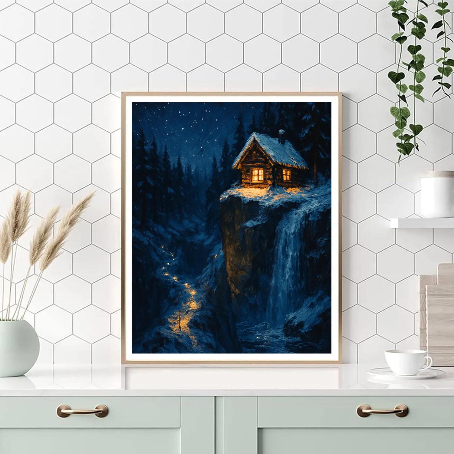 Christmas Cabin On The Cliffside Ledge painting number kit