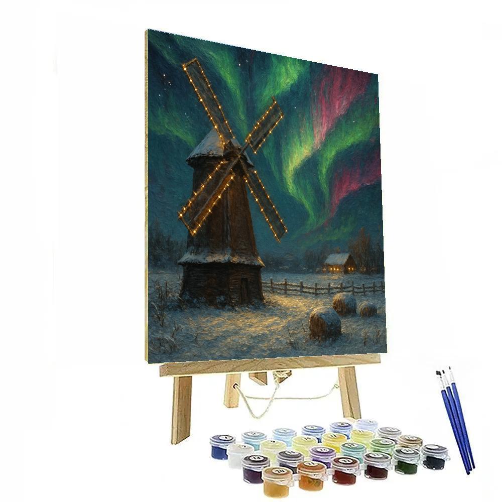 Christmas Aurora Over The Old Windmill paint by numbers