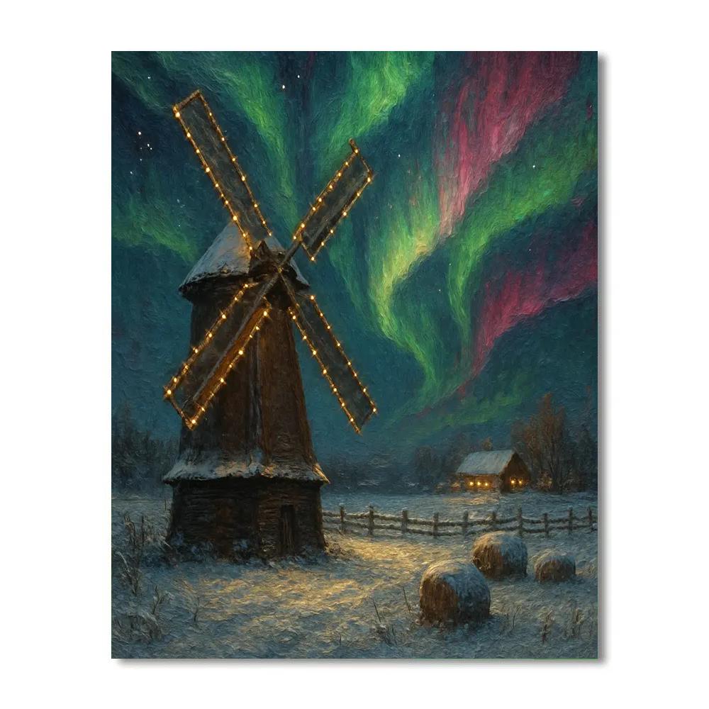 Christmas Aurora Over The Old Windmill paint by numbers