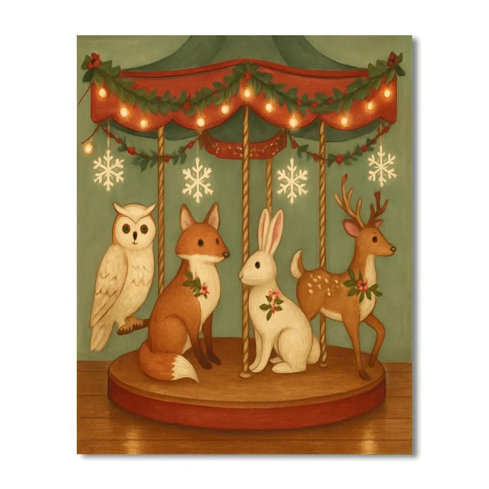 Holiday Carousel Of Woodland Creatures Number painting