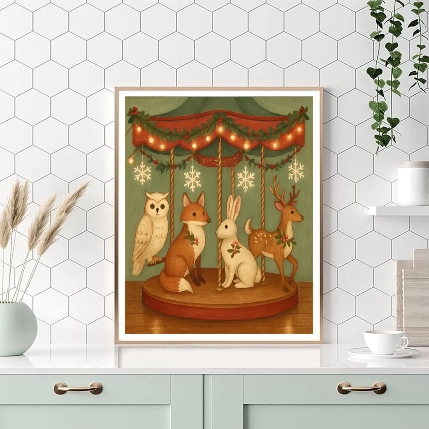 Holiday Carousel Of Woodland Creatures Number painting
