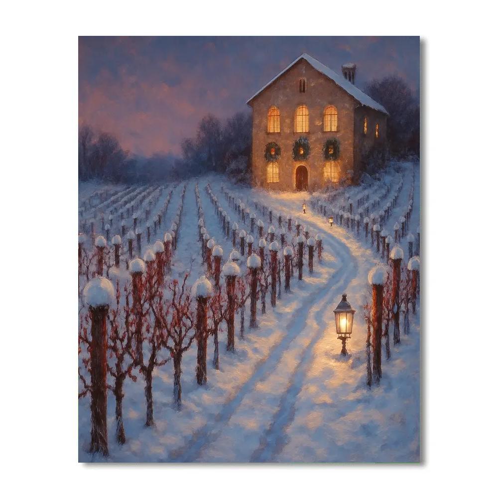 Snowy Christmas Vineyard At Dusk Painting by numbers kit