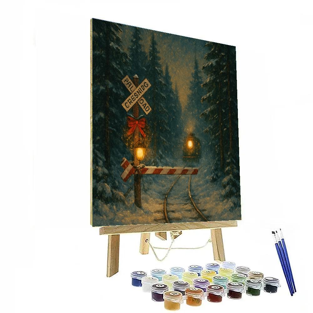 Christmas Night At The Forest Train Crossing paint by color