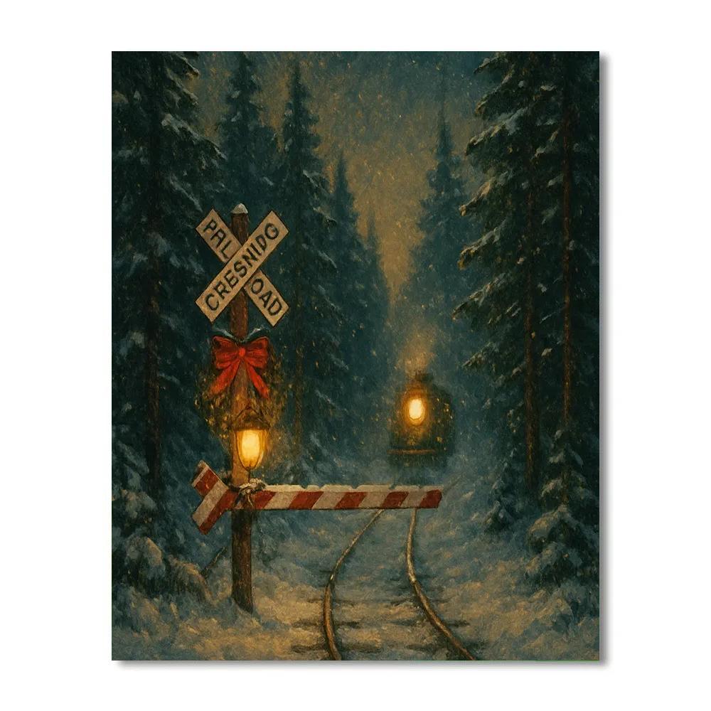 Christmas Night At The Forest Train Crossing paint by color