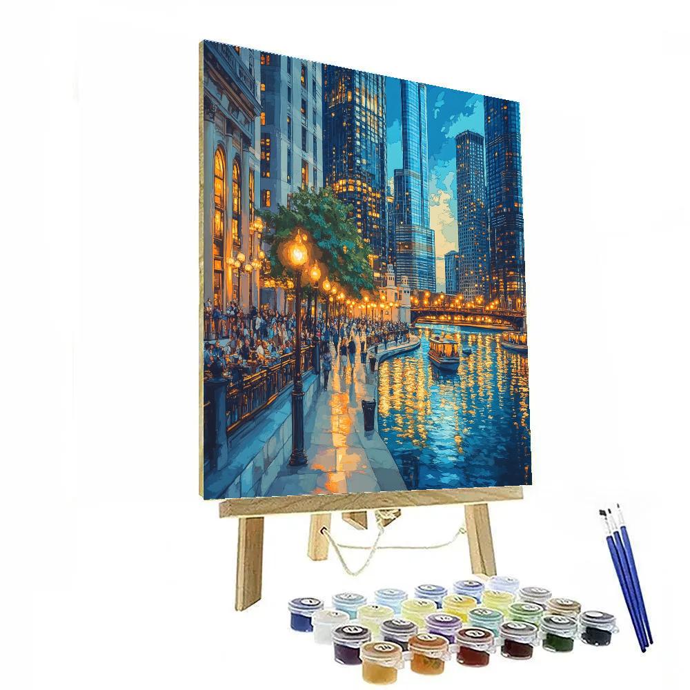 Twilight Stroll On The Chicago Riverwalk Chicago United States Numbered painting kits