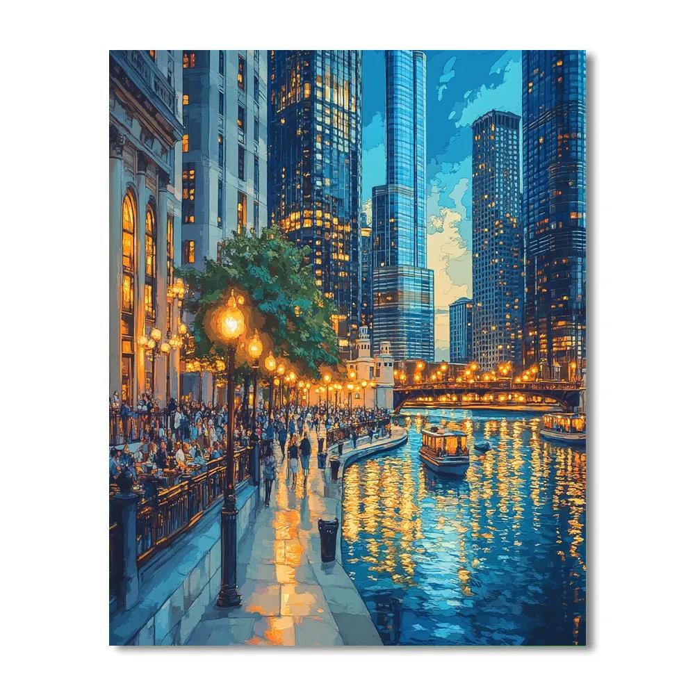 Twilight Stroll On The Chicago Riverwalk Chicago United States Numbered painting kits