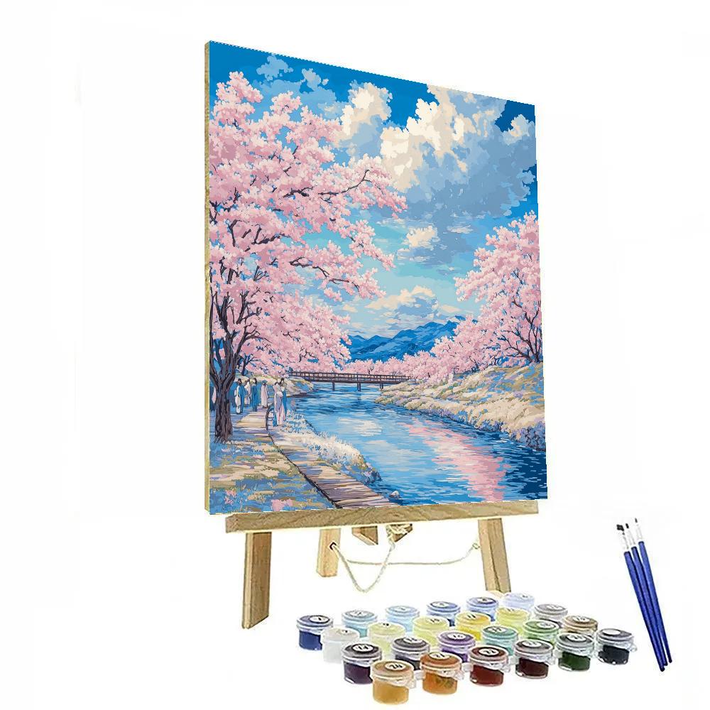 Hokusai Inspired Cherry Blossom Riverside Numbered painting kits