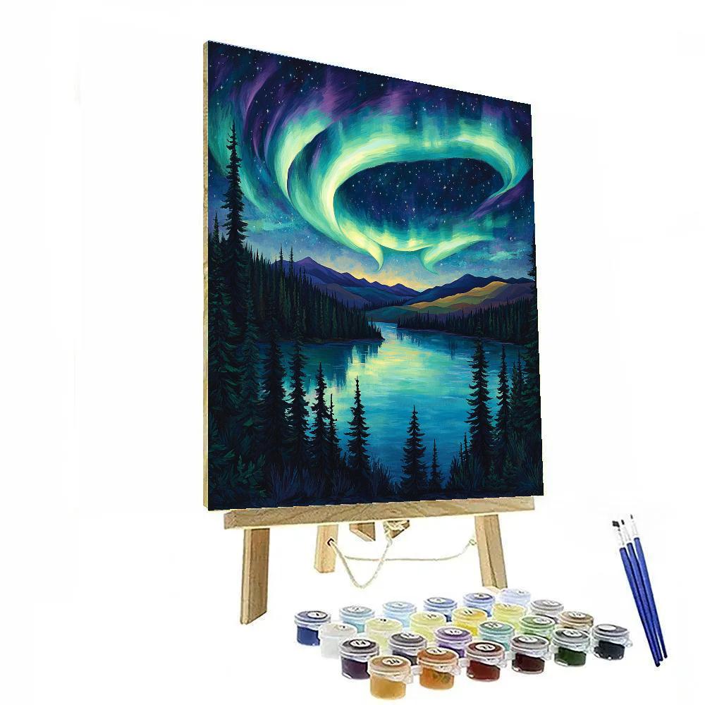 J E H MacDonald Inspired Aurora Drift Over Pine Rimmed Lake paint by color
