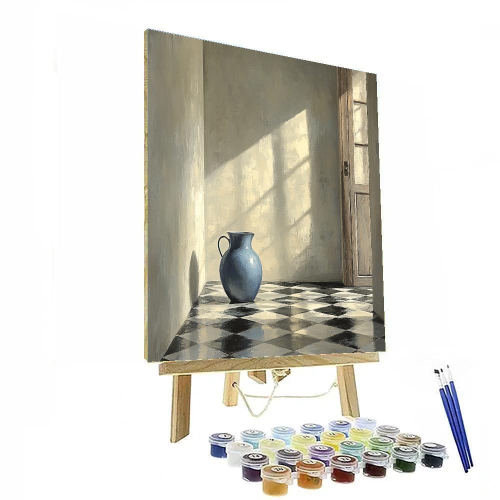 Johannes Vermeer Inspired Lapis Blue Jug On Tiled Floor By Open Door painting number kit