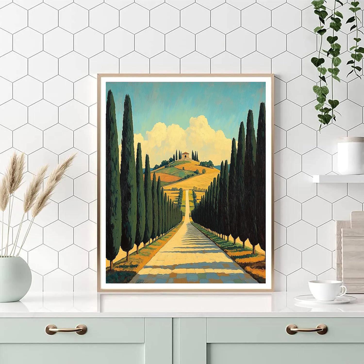 Raphael Inspired Cypress Avenue Toward Distant Temple DIY paint by numbers
