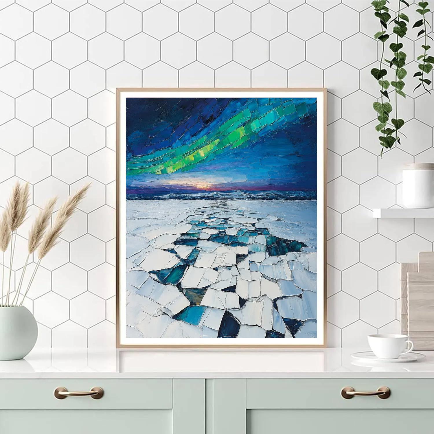 Jean-Paul Riopelle Inspired Aurora Mosaic Over Frozen Lake painting number kit