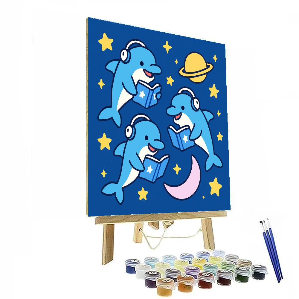 Cosmic Dolphin School Above The Moon paint by number
