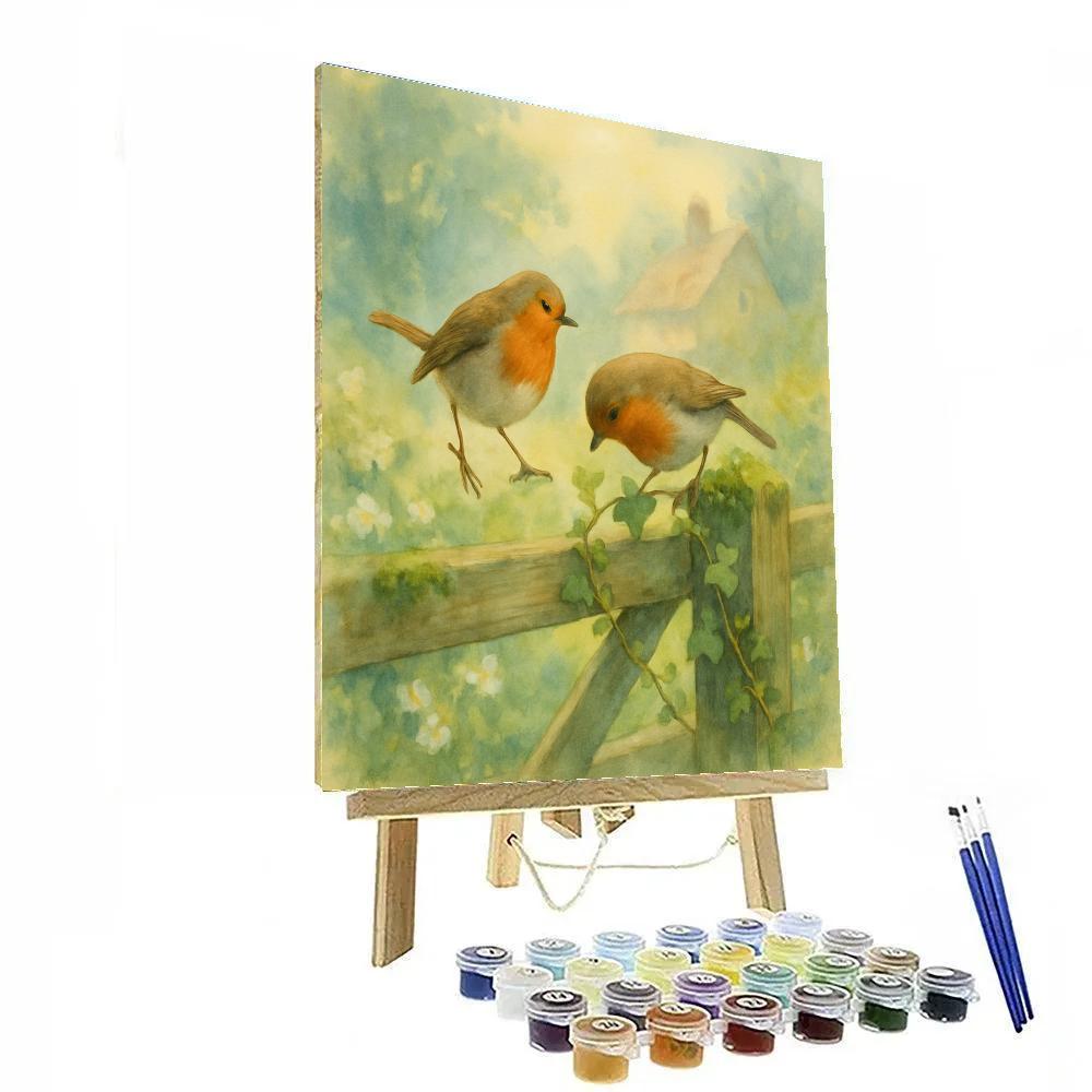Spring Robins On The Mossy Gate paint by number