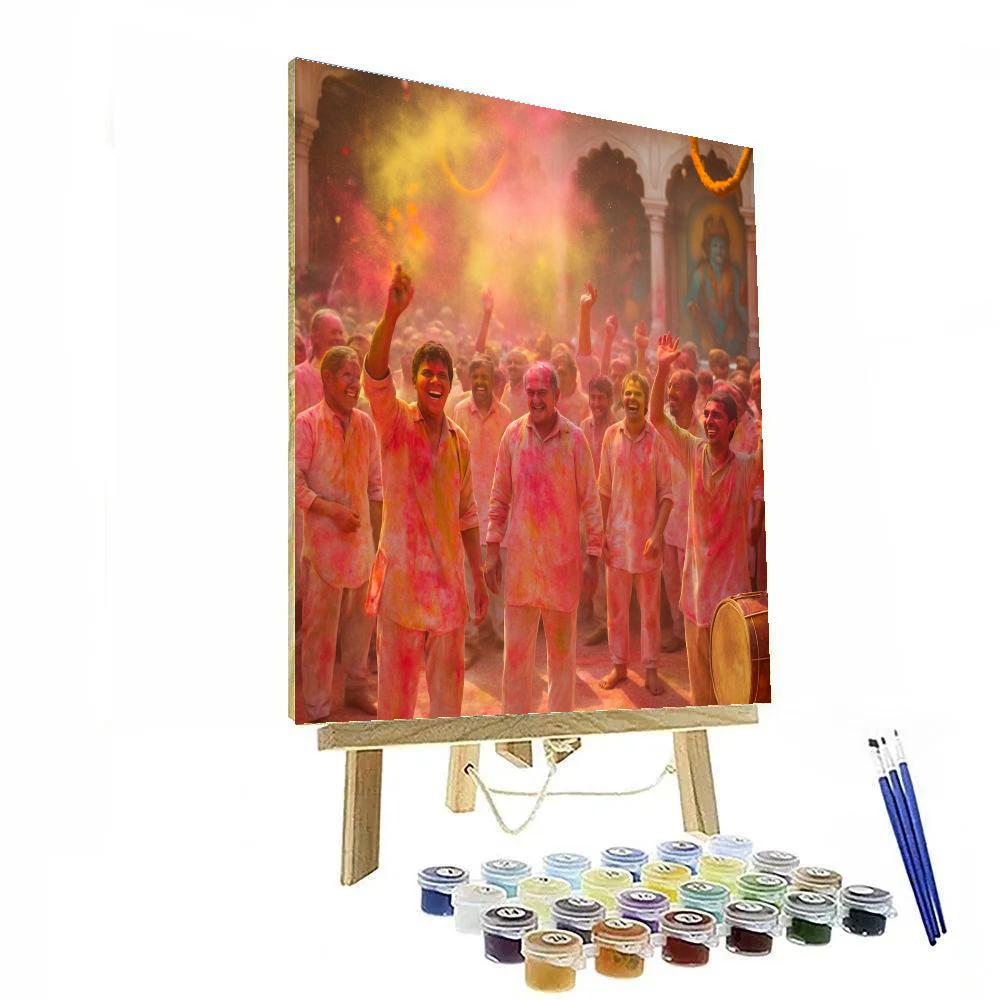 Holi Celebration In Vrindavan Temple Courtyard paint by color