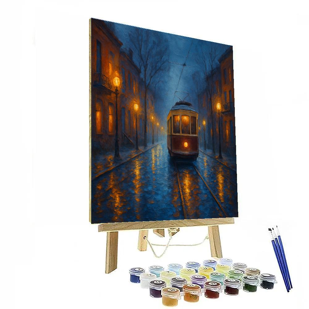 Midnight Tram Through Misty Rowhouses paint by numbers
