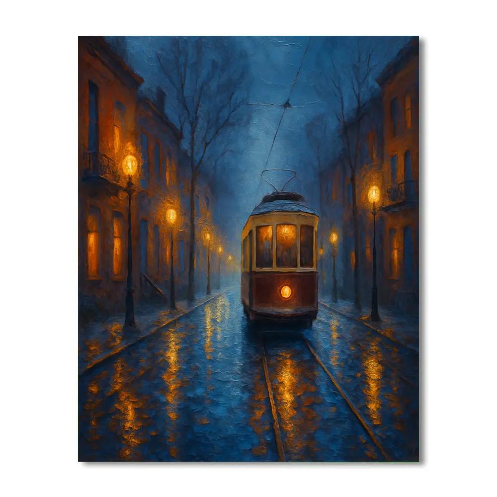 Midnight Tram Through Misty Rowhouses paint by numbers