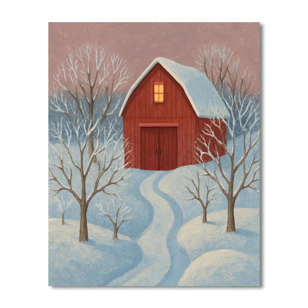 Crimson Barn In Winter Orchard Paint by numbers art
