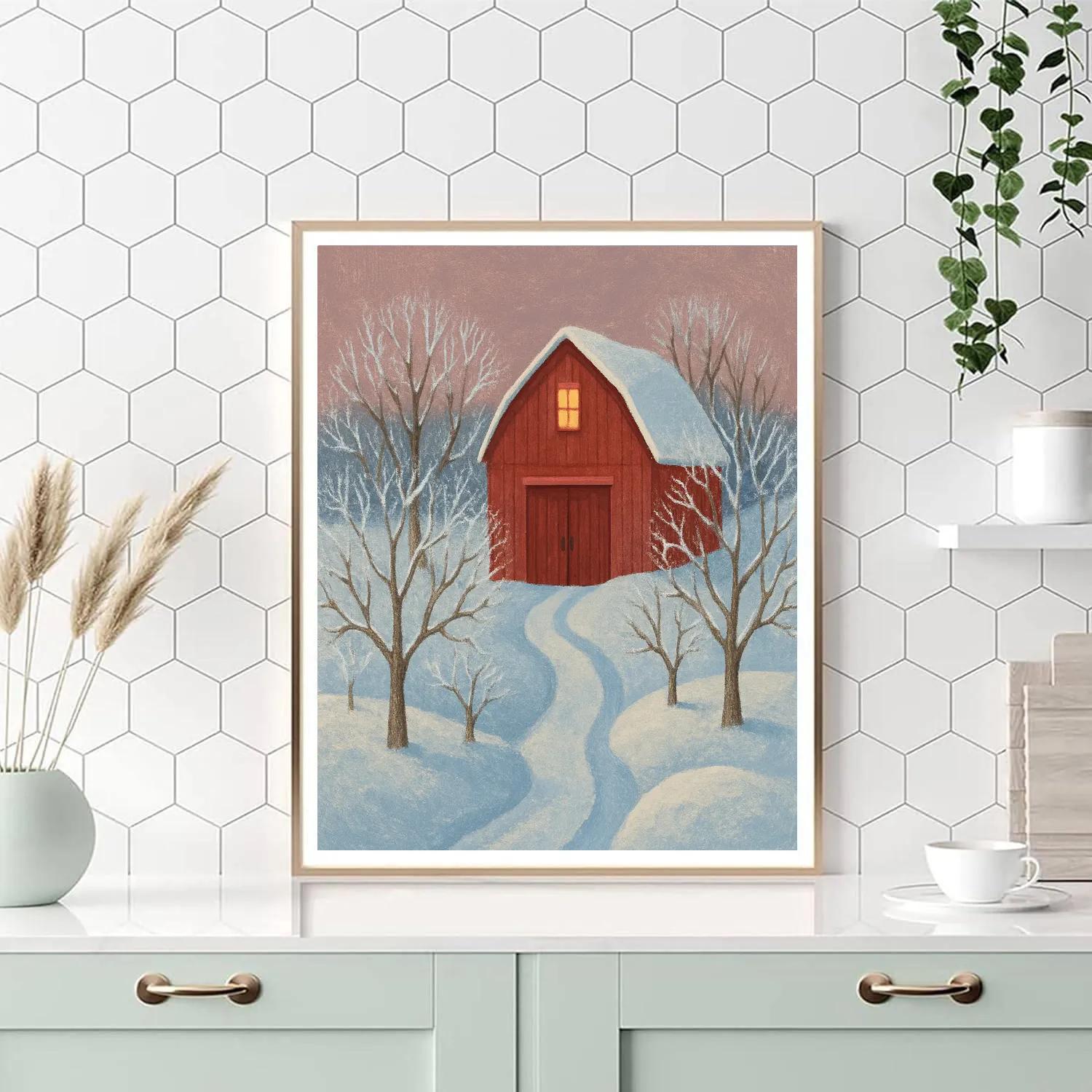 Crimson Barn In Winter Orchard Paint by numbers art