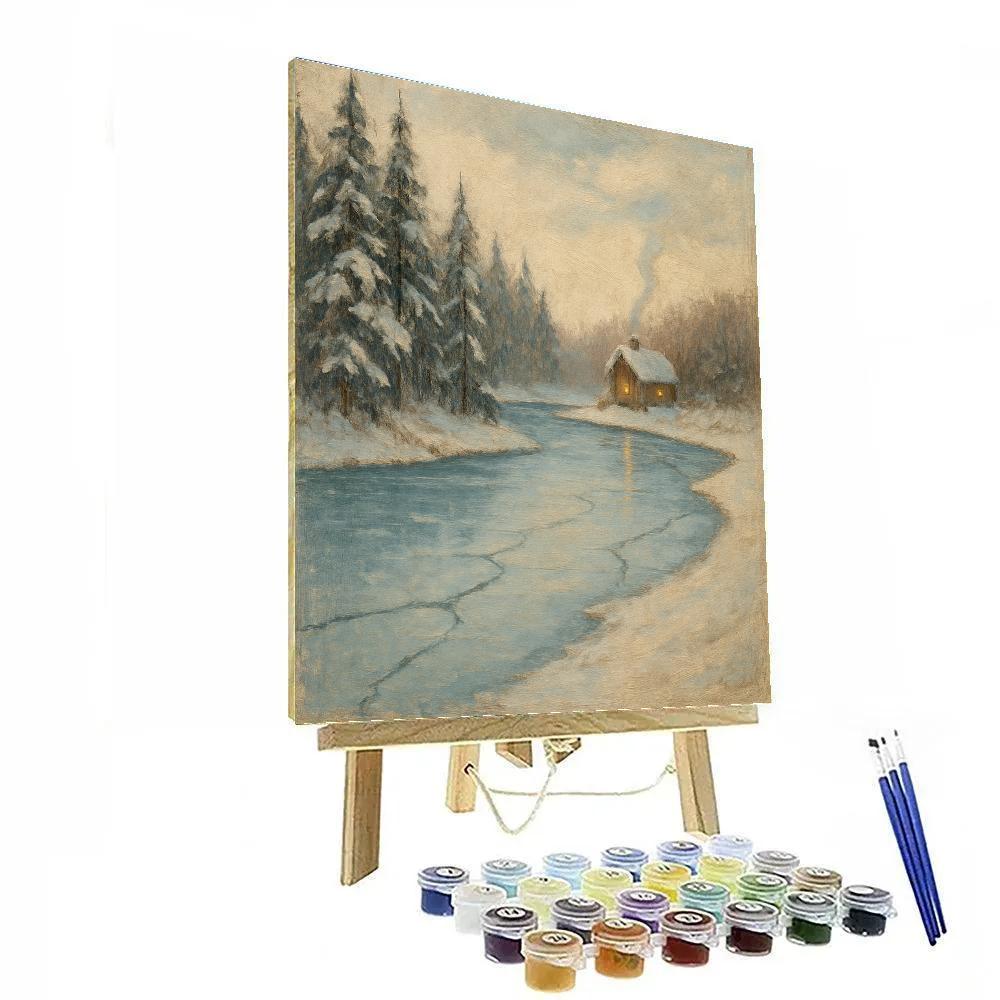 Winter Smoke Over Frozen Lake Number painting