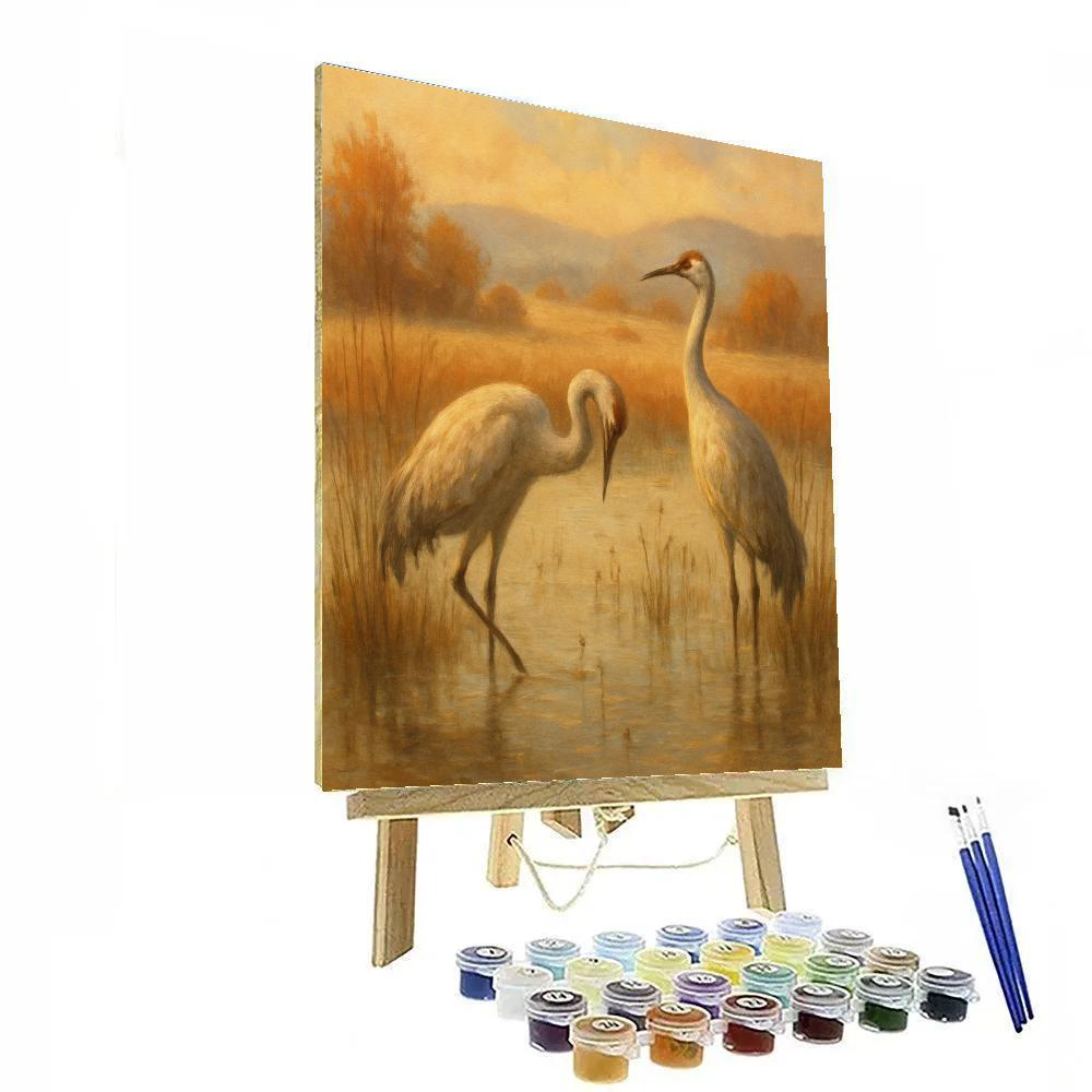 Cranes In The Misty Harvest Marsh Painting by numbers kit