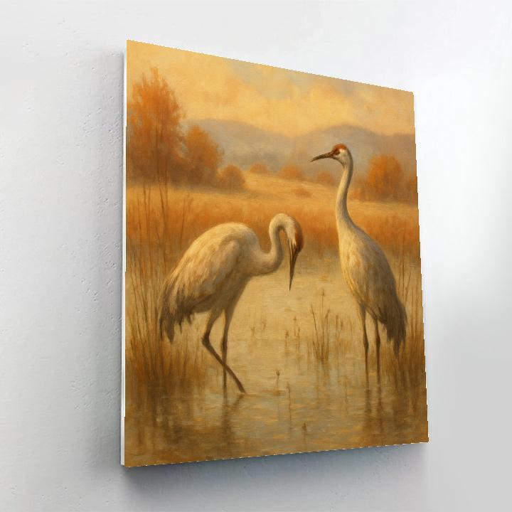 Cranes In The Misty Harvest Marsh Painting by numbers kit