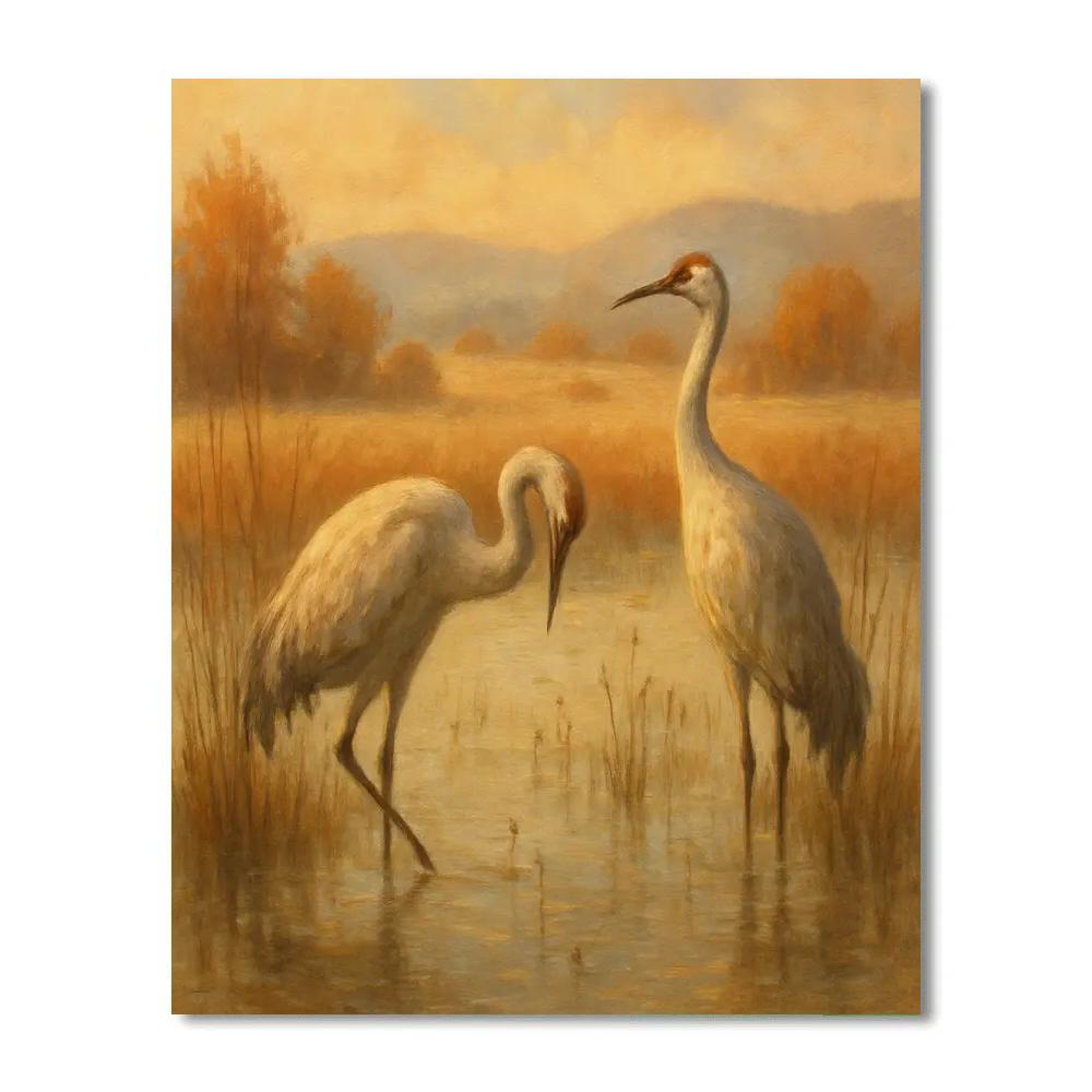 Cranes In The Misty Harvest Marsh Painting by numbers kit