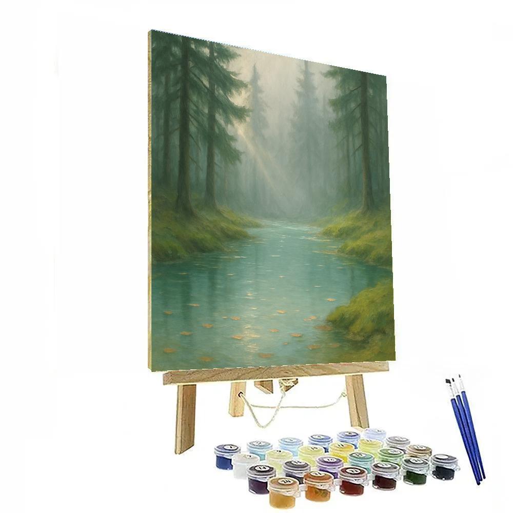 Misty Morning Forest Pond paint by color